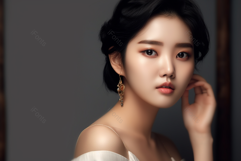 亚洲女人女性美女模特手摸着脸颊摄影背景,高清,摄影图,摄影图片,图片大全,摄影图免费下载